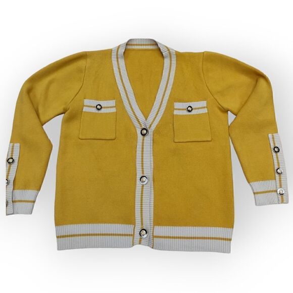 Elegant yellow white trim button front cardigan sweater size M - Picture 1 of 7